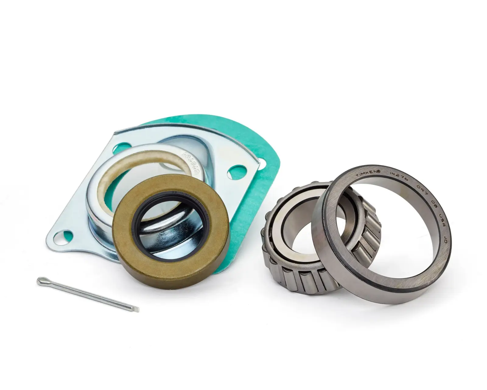 Seals, a bearing and a gasket on a white background