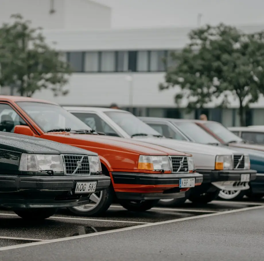 Row of classic Volvos in a car park